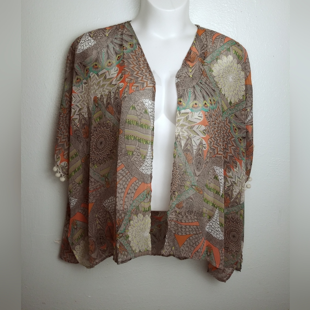 Umgee S/M Boho Kimono Cover Up Open Front Tribal Print With Pom pom